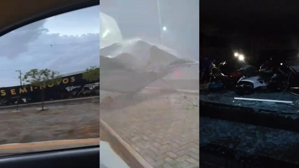 Chuva com ventos fortes causa desabamento de teto de loja de veículos e queda de postes na entrada de Patos