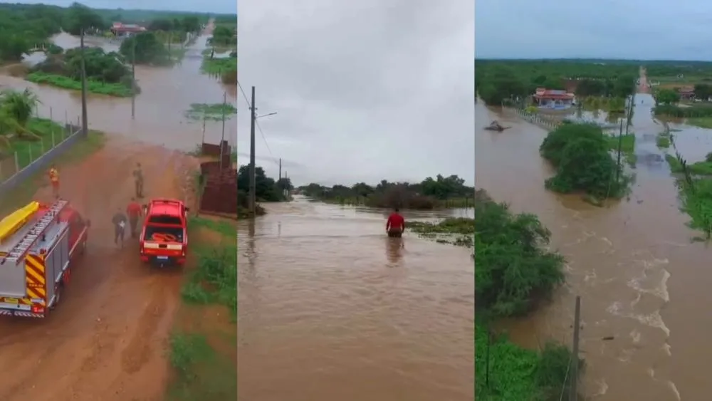 Família fica ilhada após transbordamento de rio no Sítio Pilões, na zona rural de Patos