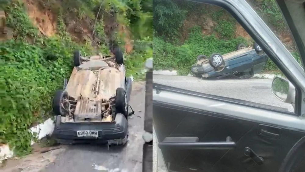 Carro capota após falha nos freios na Serra do Teixeira, no Sertão da Paraíba