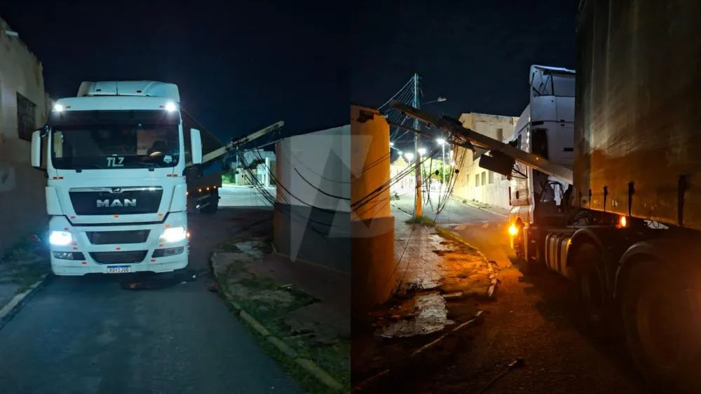 Carreta atinge fiação elétrica e derruba poste no Centro de Patos