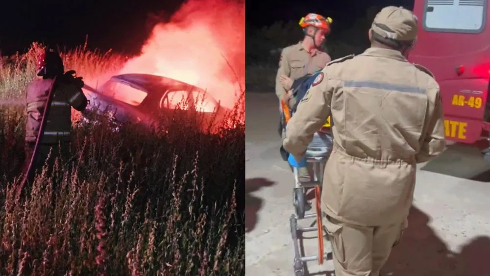 Carro capota, pega fogo e deixa motorista de 62 anos ferido em Patos