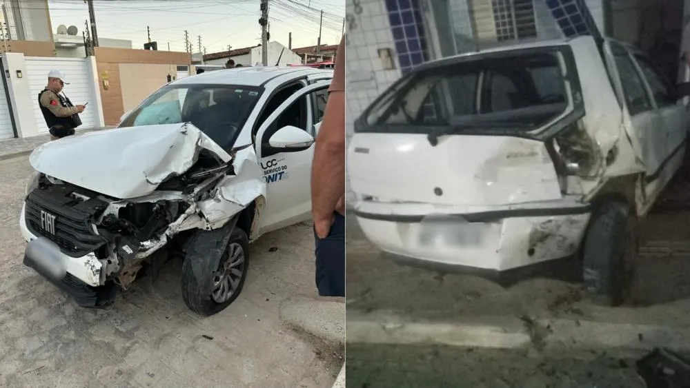 Veículo colide contra carro estacionado e invade residência no bairro Jardim Guanabara, em Patos
